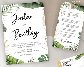 Destination Wedding Invitation - Tropical Leaves Palm Leaf Greenery Invitation Set by Luckyladypaper