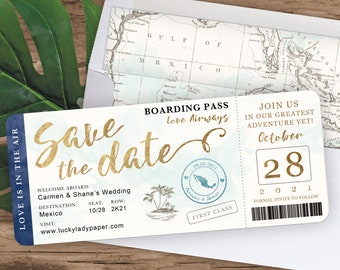 Destination Wedding Boarding Pass Save the Date Invitation in Navy, Gold and Aqua Watercolor by Luckyladypaper - see item details to order
