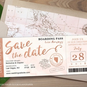 Vegas Wedding Boarding Pass Photo Save the Date Invitation in Rose Gold and Blush Watercolor by Luckyladypaper - see item details