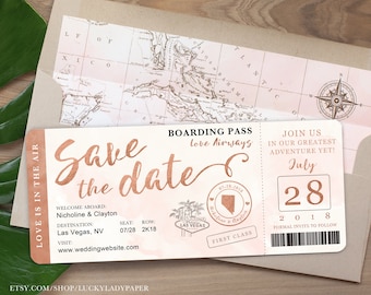 Vegas Wedding Boarding Pass Photo Save the Date Invitation in Rose Gold and Blush Watercolor by Luckyladypaper - see item details