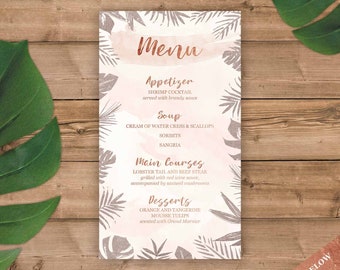Tropical Menu cards in Rose Gold and Blush Watercolor