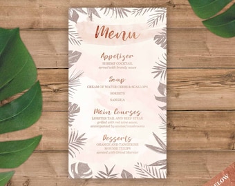 Tropical Menu cards in Rose Gold and Blush Watercolor Real Foil Available by luckyladypaper