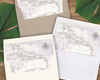 Envelope Liners A2 Size - Square Flap - Lavender Purple Watercolor Antique Caribbean Map - Pack of 25