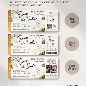 Destination Wedding Boarding Pass Save the Date Tropical Green Leaves Travel Theme QR Code Real Gold Foil Available by Luckyladypaper Bild 2