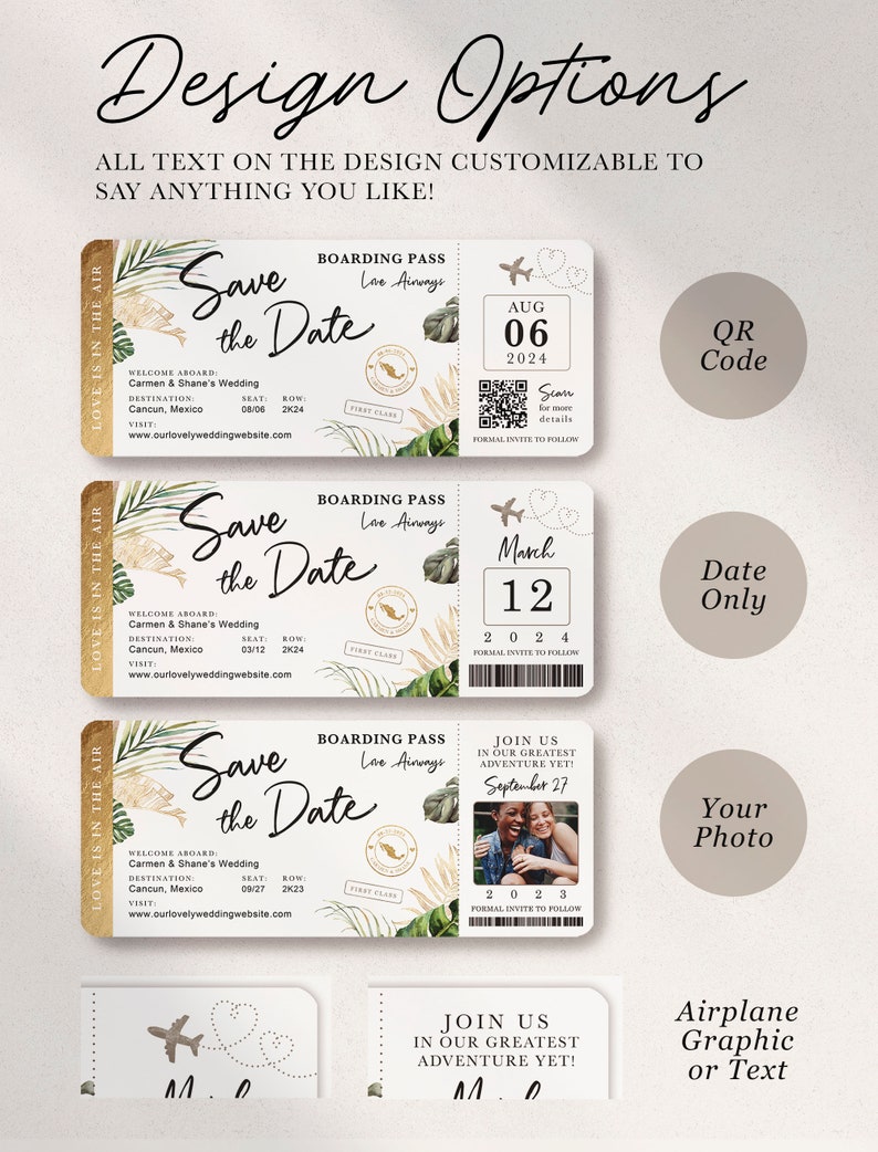 Destination Wedding Boarding Pass Save the Date Tropical Green Leaves Travel Theme QR Code Real Gold Foil Available by Luckyladypaper Bild 2
