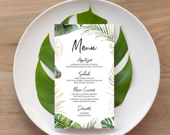 Tropical Menu Table cards Tropical Leaves Palm Leaf Greenery Travel Theme Invitation Set by Luckyladypaper