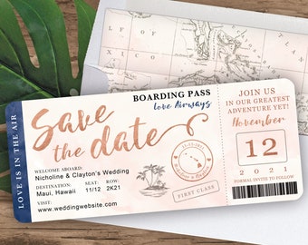 Tropical Destination Wedding Boarding Pass Save the Date Invitation in Navy, Rose Gold and Blush Watercolor - see item details to order