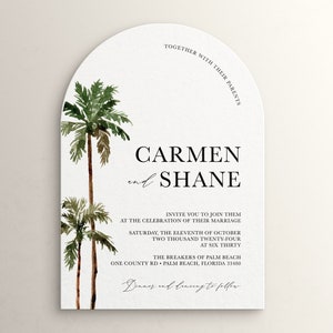 arch shaped wedding invitation with palm tree watercolor