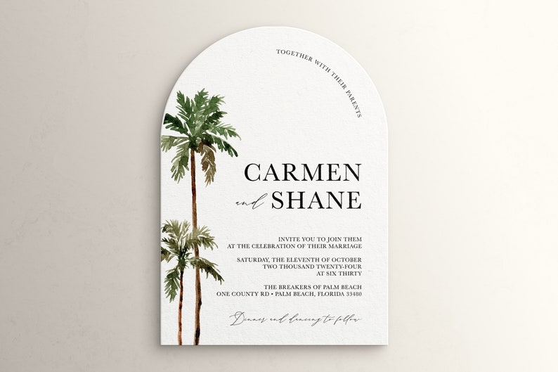 arch shaped wedding invitation with palm tree watercolor