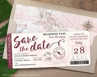 Destination Wedding Boarding Pass Save the Date Invitation in Burgundy and Blush Watercolor by Luckyladypaper - see item details to order