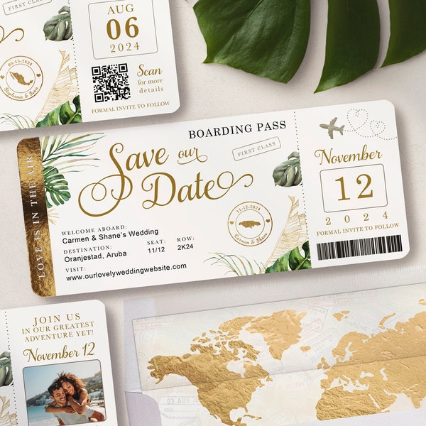 Destination Wedding Boarding Pass Save the Date Invitation Travel Ticket Tropical Green Leaves and Gold with Airplane Real Foil Available