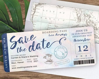 Destination Wedding Boarding Pass Save the Date Invitation in Navy with Multicolor Watercolor by Luckyladypaper - see item details to order