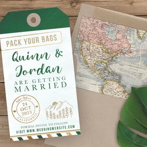 Luggage Tag Save the Date - Destination Wedding Save the Date Invitation - Faux Gold Foil and Aqua Watercolor Mountains and Evergreens