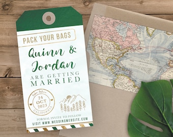 Luggage Tag Save the Date - Destination Wedding Save the Date Invitation - Faux Green and Gold Foil Mountain Evergreens