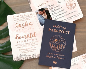 Passport Mountain Destination Wedding Invitation Rose Gold and Blush by Luckyladypaper - see item details to order