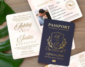 Destination Wedding Invitation Passport Monogram Crest Gold and Blush Beach Travel Theme by Luckyladypaper