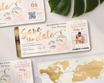 Destination Wedding Boarding Pass Save the Date Photo Ticket Invitation in Gold and Blush Watercolor Real Foil Available by Luckyladypaper