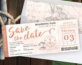 Destination Wedding Boarding Pass Save the Date Invitation in Rose Gold and Blush Watercolor Nautical Cruise Design by Luckyladypaper