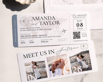 World Map Destination Wedding Invitation Boarding Pass 3 Photo QR Code Watercolor Minimalist Travel Theme by Luckyladypaper