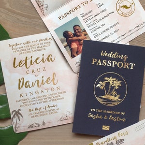 Destination Wedding Passport Invitation Set in Gold and Blush Watercolor Tropical Design Real Foil Available Boarding Pass QR code RSVP