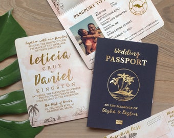 Destination Wedding Passport Invitation Set in Gold and Blush Watercolor Tropical Design Real Foil Available Boarding Pass QR code RSVP