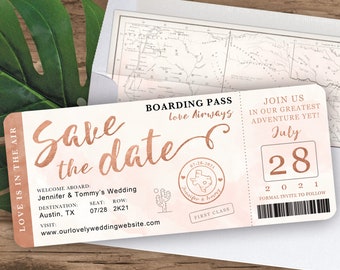 Cactus Wedding Boarding Pass Save the Date Invitation in Rose Gold and Blush Watercolor by Luckyladypaper - see item details to order