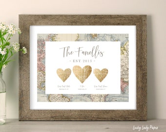 Personalized Wall Art Wedding Gift Custom Paper Anniversary Gift for Couple Antique World Map Gold Hearts Customized and Printed for You