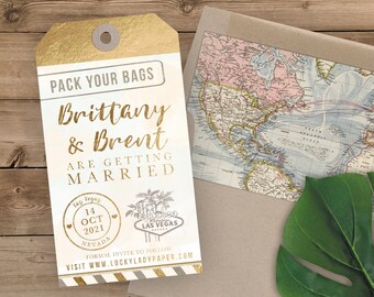 Luggage Tag Save the Date - Destination Wedding Save the Date Invitation - Faux Gold Foil Las Vegas