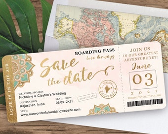 India Destination Wedding Boarding Pass Save the Date Invitation in Gold Mint and Blush Watercolor Mandala Design - see item detail to order