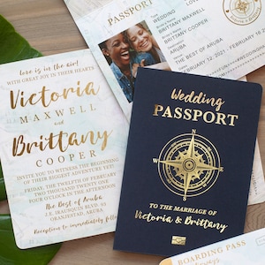 Passport Destination Wedding Invitation Set in Gold and Aqua Watercolor Compass Design - real foil available by Luckyladypaper