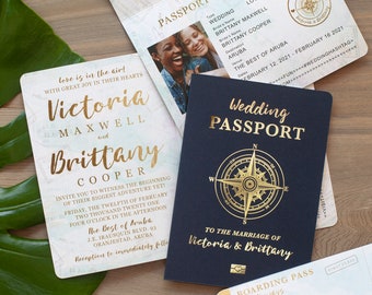 Passport Destination Wedding Invitation Set in Gold and Aqua Watercolor Compass Design by Luckyladypaper - see item details to order