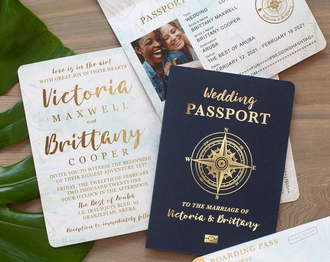 Featured listing image: Passport Destination Wedding Invitation Set in Gold and Aqua Watercolor Compass Design - real foil available by Luckyladypaper