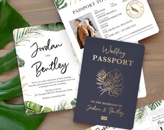 Destination Wedding Passport Invitation Set Tropical Beach Palm Leaf leaves with Green Foliage by Luckyladypaper - see details to order