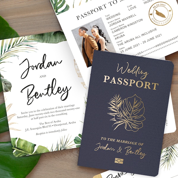 Destination Wedding Passport Invitation Set Tropical Beach Palm Leaf leaves with Green Foliage by Luckyladypaper - see details to order