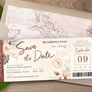 Destination Wedding Boarding Pass Save the Date Burgundy Gold Accent Tropical Orchid Palm Monstera Leaf - see item details to order