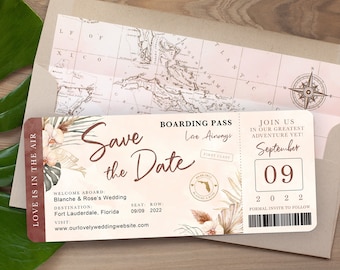 Destination Wedding Boarding Pass Save the Date Burgundy Gold Accent Tropical Orchid Palm Monstera Leaf - see item details to order
