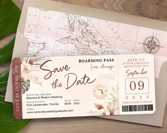 Destination Wedding Boarding Pass Save the Date Burgundy Gold Accent Tropical Orchid Palm Monstera Leaf - see item details to order