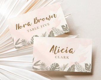 Wedding Place Escort Seating Cards Tropical Destination Wedding Gold and Blush Pink Watercolor