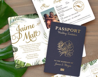 Destination Wedding Passport Invitation Set Tropical Beach Palm Leaf leaves with Green Foliage by Luckyladypaper - see details to order