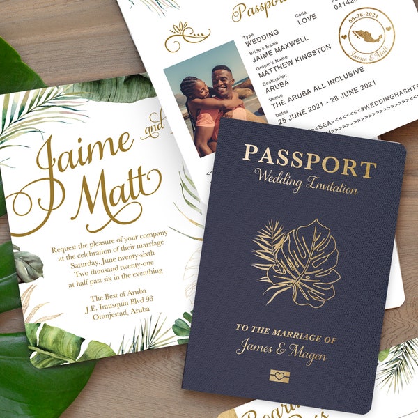 Destination Wedding Passport Invitation Set Tropical Beach Palm Leaf leaves with Green Foliage by Luckyladypaper - see details to order