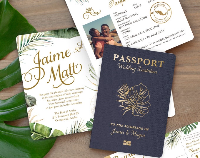 Featured listing image: Destination Wedding Passport Invitation Set Tropical Beach Palm Leaf leaves with Green Foliage by Luckyladypaper - see details to order
