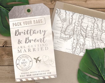 Luggage Tag Shaped Save the Date - Destination Wedding Save the Date Invitation Airplane - Faux Silver Foil and Gray Watercolor