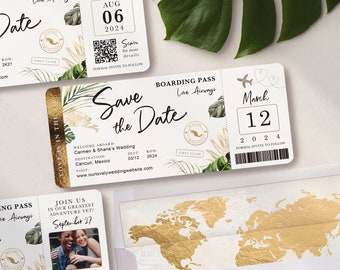 Destination Wedding Boarding Pass Save the Date Invitation Tropical Green Leaves Travel Theme - Customized for You - PDF file for DIY Print