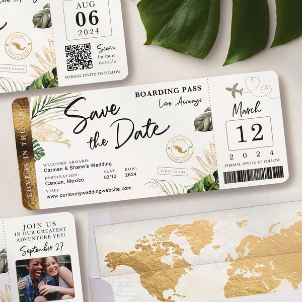 Destination Wedding Boarding Pass Save the Date Invitation Tropical Green Leaves Travel Theme - Customized for You - PDF file for DIY Print