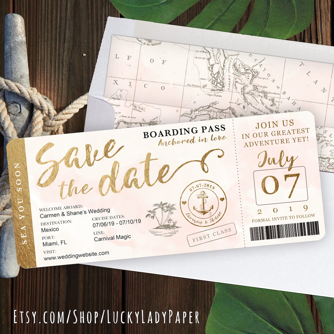 Destination Wedding Boarding Pass Save the Date Invitation in Gold