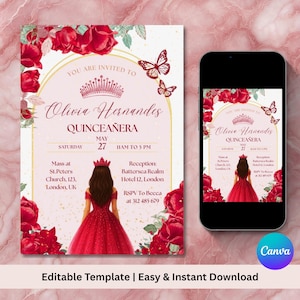 Rot & Gold Quinceaňera Einladungsvorlage: Bearbeitbares Prinzessin Design (PDF Download)
