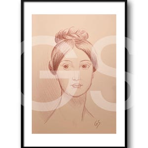 Puede incluir: Retrato a lápiz de una mujer con el pelo recogido en un moño, enmarcado en un borde negro. El dibujo es en tonos marrones y beiges, con el rostro y los hombros de la mujer visibles. La obra está firmada en la esquina inferior derecha.