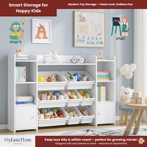 Montessori Bookshelf and Toy Organizer – Wooden Storage Cabinet with 8 Removable Bins & 9 Open Shelves (138×29×94cm)
