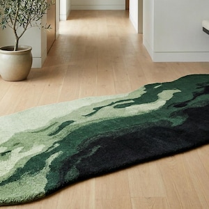 Hand-Tufted Wool Rug: Pistachio Green, Black Irregular Shape Dip Dye Runner High Pile Carpet