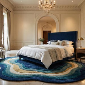 Può includere: Una lussuosa camera da letto con un letto blu navy, biancheria da letto bianca e una coperta fantasia. Un tappeto unico a forma di onda, nei toni del blu, giallo e bianco, si trova sul pavimento in marmo. Un comodino con una lampada e una sedia completano lo spazio.